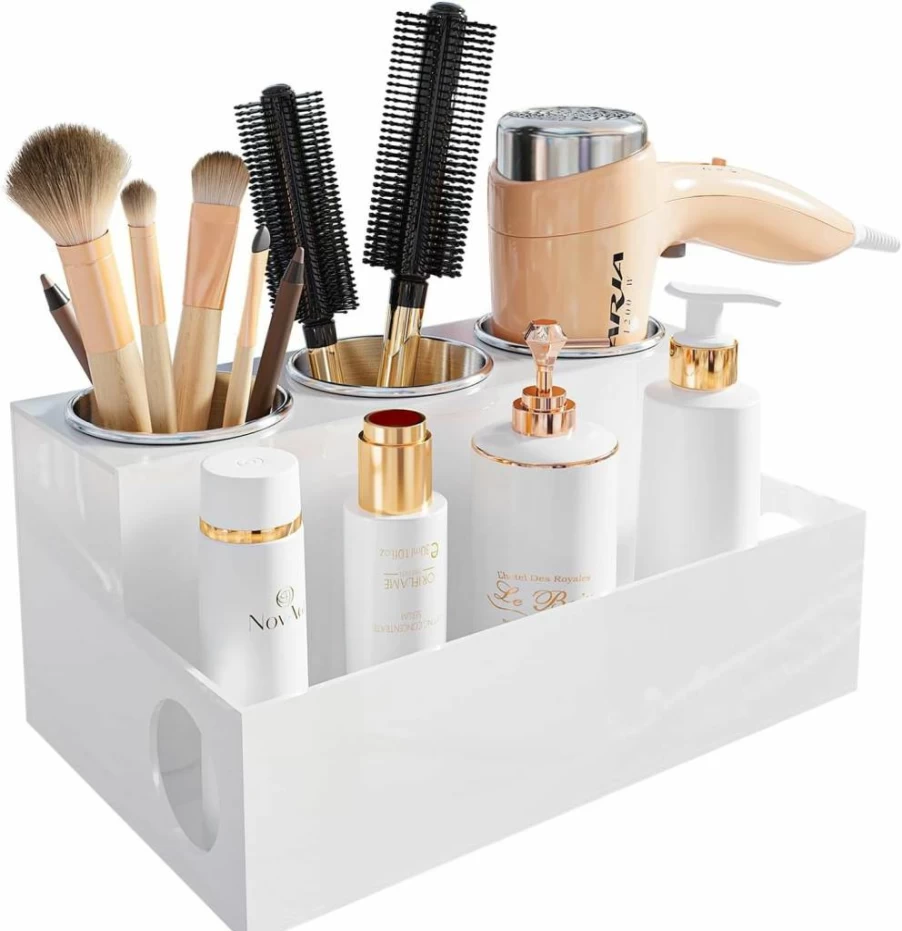 PITBVO Acrylic Hair Tool Organizer with 3 Cups - Blow Dryer Holder for Bathroom Countertop, Vanity Storage Stand for Hair Accessories, Makeup & Toiletries