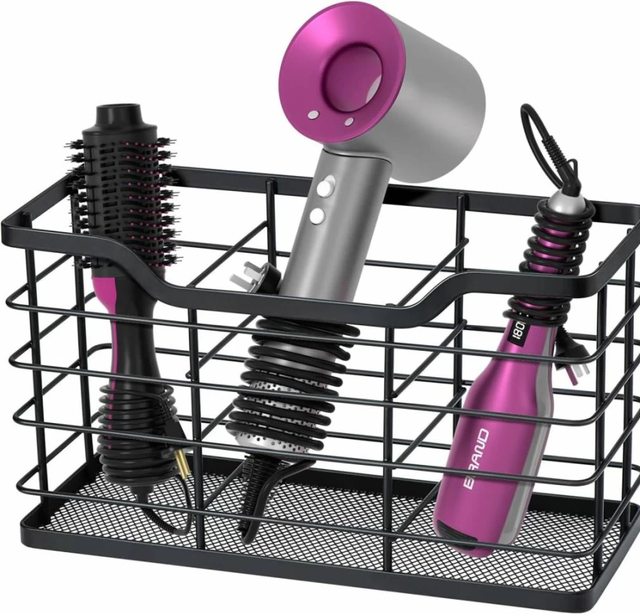 HappyHapi Wall Mount Hair Tool Organizer - Rustproof Bathroom Storage Basket for Hair Dryer, Curling Iron & Straightener, Styling Tool Holder