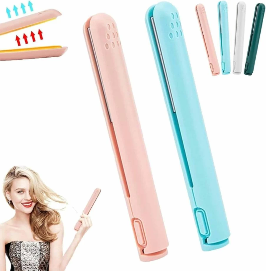 Tudedea Dualglam 2-in-1 Cordless Curling Iron & Straightener - Mini Ceramic Hair Styler for Short Hair, Travel, Lightweight & Portable, Pink