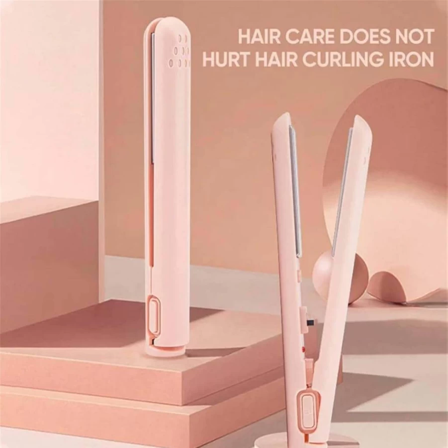 Tudedea Dualglam 2-in-1 Cordless Curling Iron & Straightener - Mini Ceramic Hair Styler for Short Hair, Travel, Lightweight & Portable, Pink
