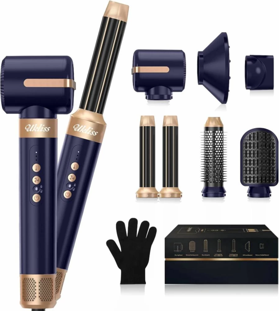 UKLISS Professional Ionic Hair Dryer Brush - 7-in-1 Hot Air Styler for Curly, Straight & Twisted Hair, 110000 RPM Blow Dryer with Salon-Quality Results, Blue