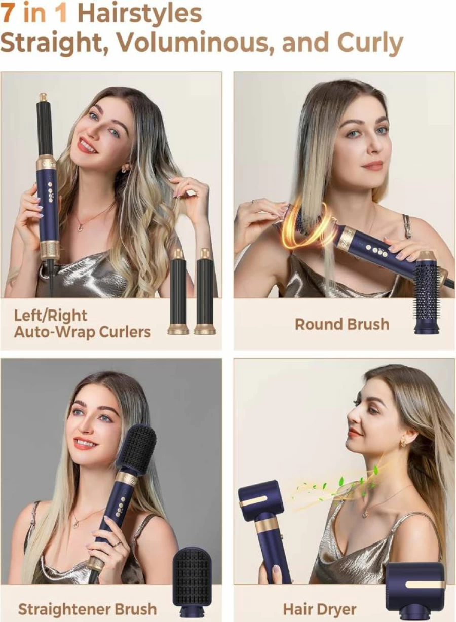 UKLISS Professional Ionic Hair Dryer Brush - 7-in-1 Hot Air Styler for Curly, Straight & Twisted Hair, 110000 RPM Blow Dryer with Salon-Quality Results, Blue
