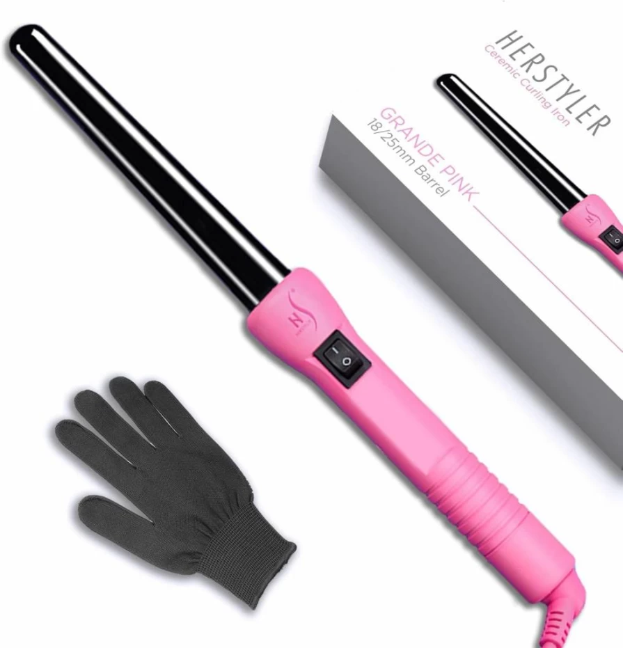 HerStyler Grande Ceramic Hair Curling Wand - 1 Inch Pink Curling Iron with Tapered Barrel, Dual Voltage & Negative Ions for All Hair Lengths