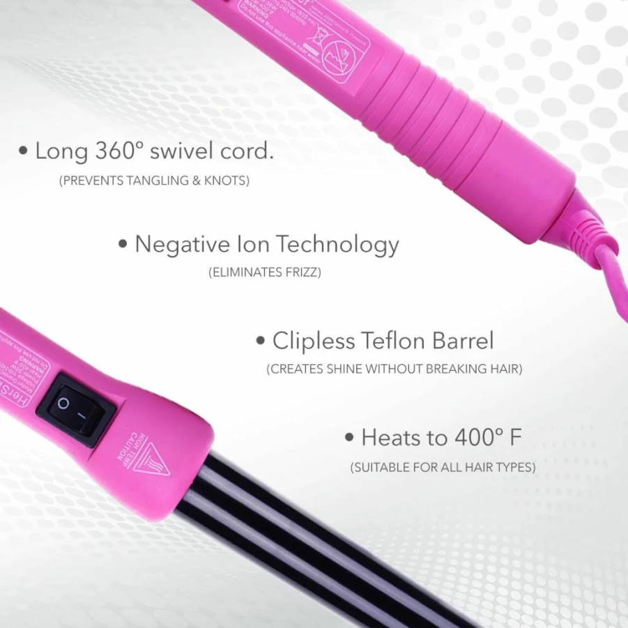 HerStyler Grande Ceramic Hair Curling Wand - 1 Inch Pink Curling Iron with Tapered Barrel, Dual Voltage & Negative Ions for All Hair Lengths