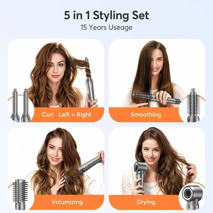 Bopcal 5-in-1 Hair Dryer Brush: Frizz-Free Blow Dryer with 300M Ions for Curling, Volumizing & Straightening - Heat Damage-Free Styler for Women