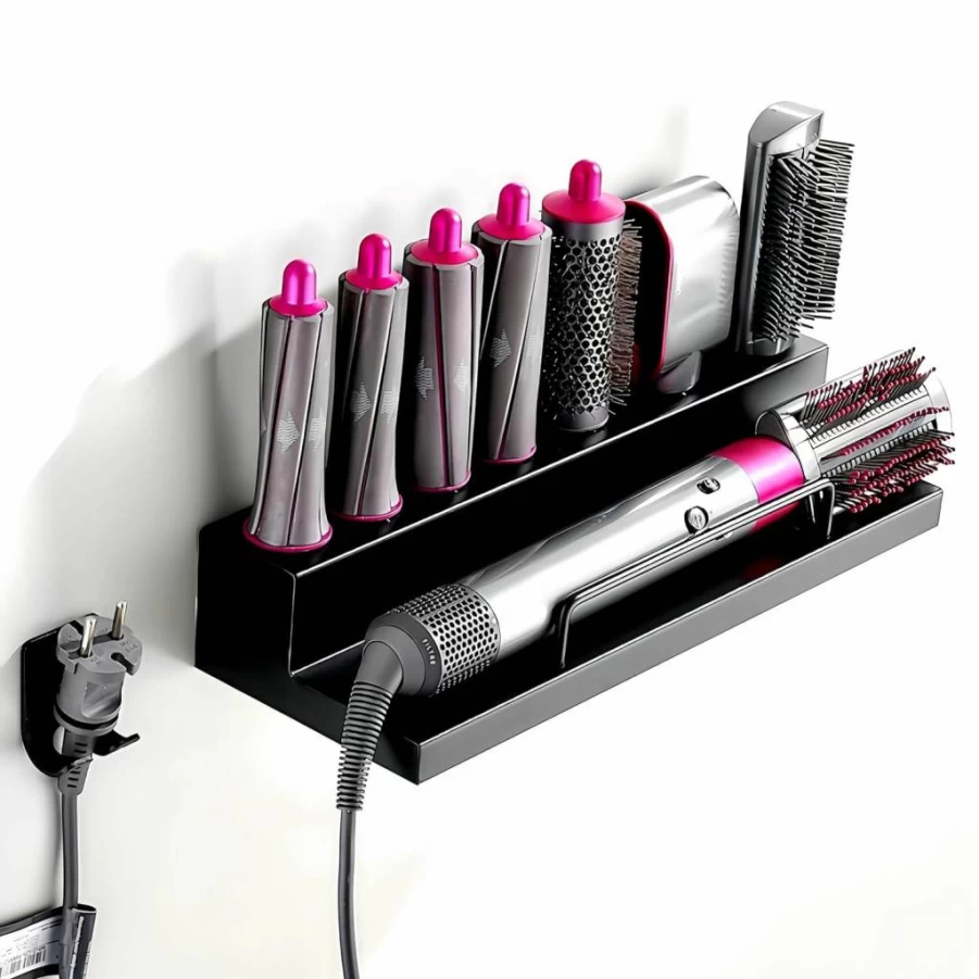 RXLIFE 7-Slot Wall Mount Curling Iron Holder, Black Stainless Steel Hair Tool Organizer for Dyson Styler, Adhesive Mount, Bathroom & Salon Storage Solution