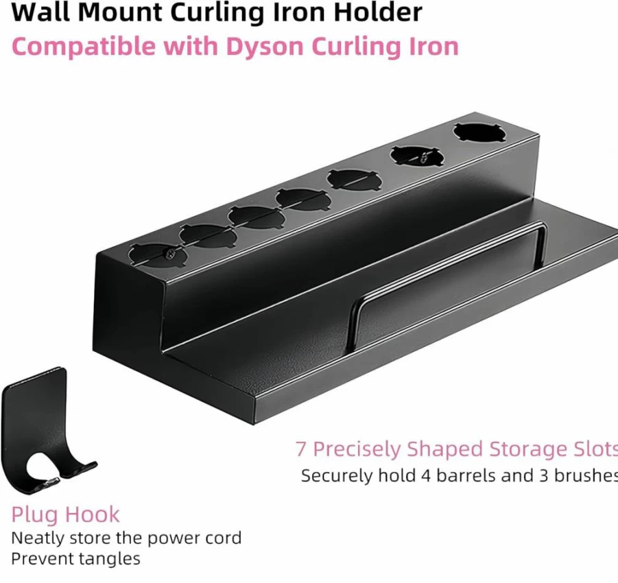 RXLIFE 7-Slot Wall Mount Curling Iron Holder, Black Stainless Steel Hair Tool Organizer for Dyson Styler, Adhesive Mount, Bathroom & Salon Storage Solution