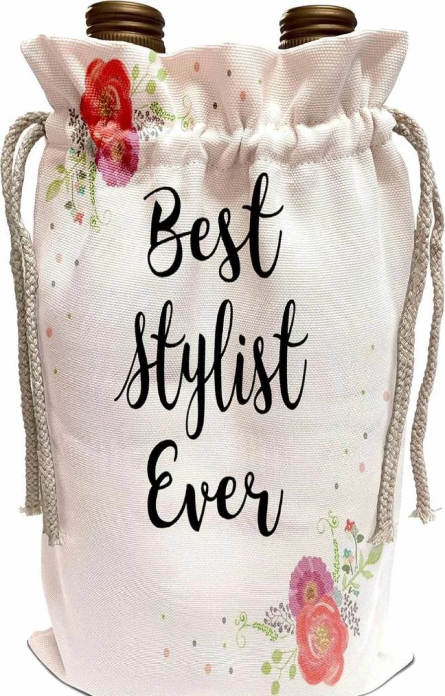 3dRose Floral Best Stylist Ever Wine Bag - Pink Flowers Hairstylist Fashion Gift for Hairdressers - Creative 3D Printed Tote