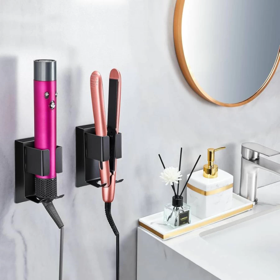 Oukimly Wall Mount Hair Tool Holder - Stainless Steel Organizer for Curling Iron, Straightener, Blow Dryer & Styler Attachments