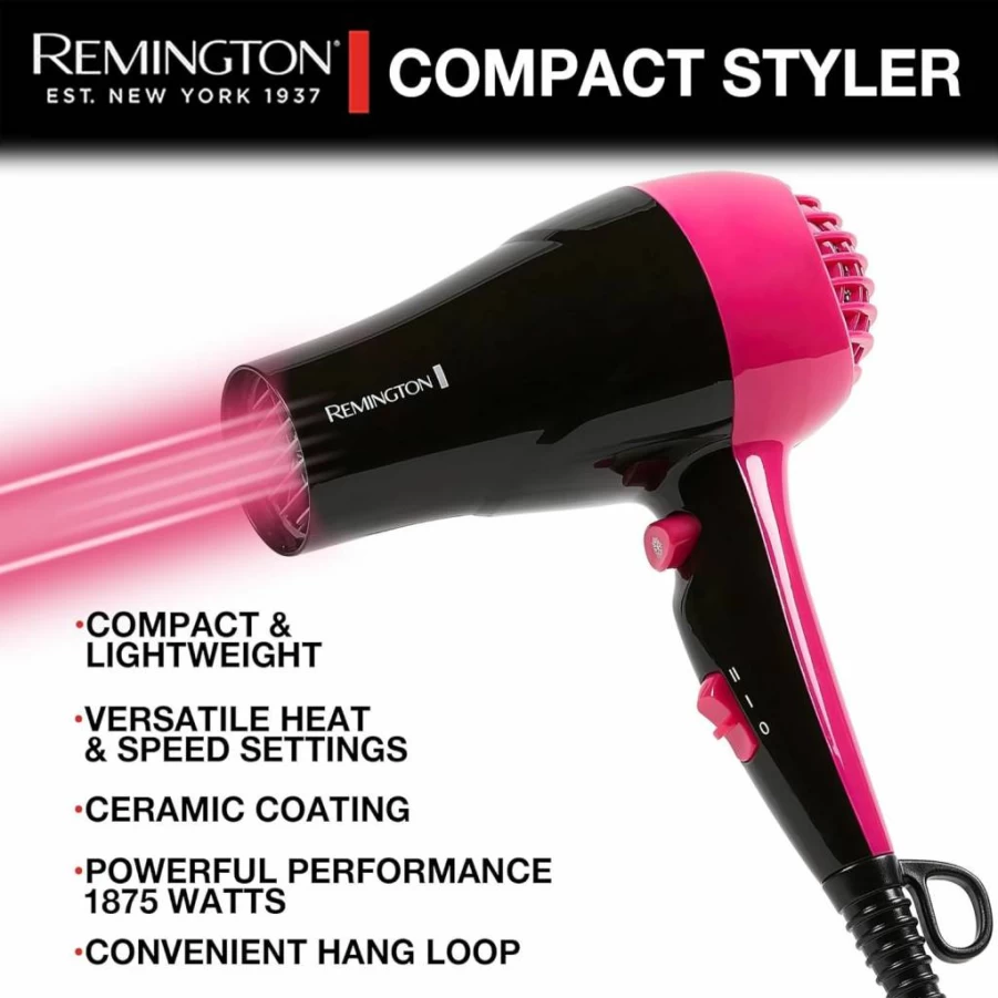 Remington Compact Travel Hair Dryer - 1875W Ceramic Styler with 2 Heat/Speed Settings, Cool Shot & Lightweight Design for Smooth Finish