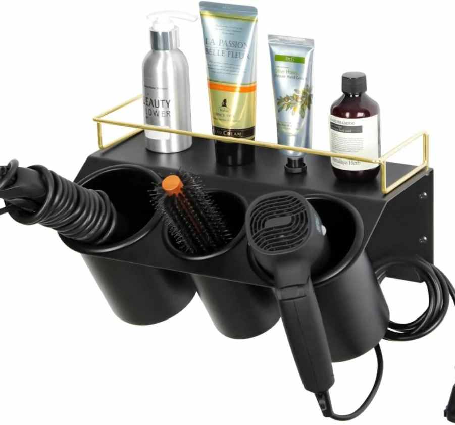 J JACKCUBE DESIGN Wall Mount Hair Dryer Holder with 3 Cup Storage Organizer, Steel Bathroom Vanity Shelf for Hair Styling Tools - MK1002A (Black, Gold)