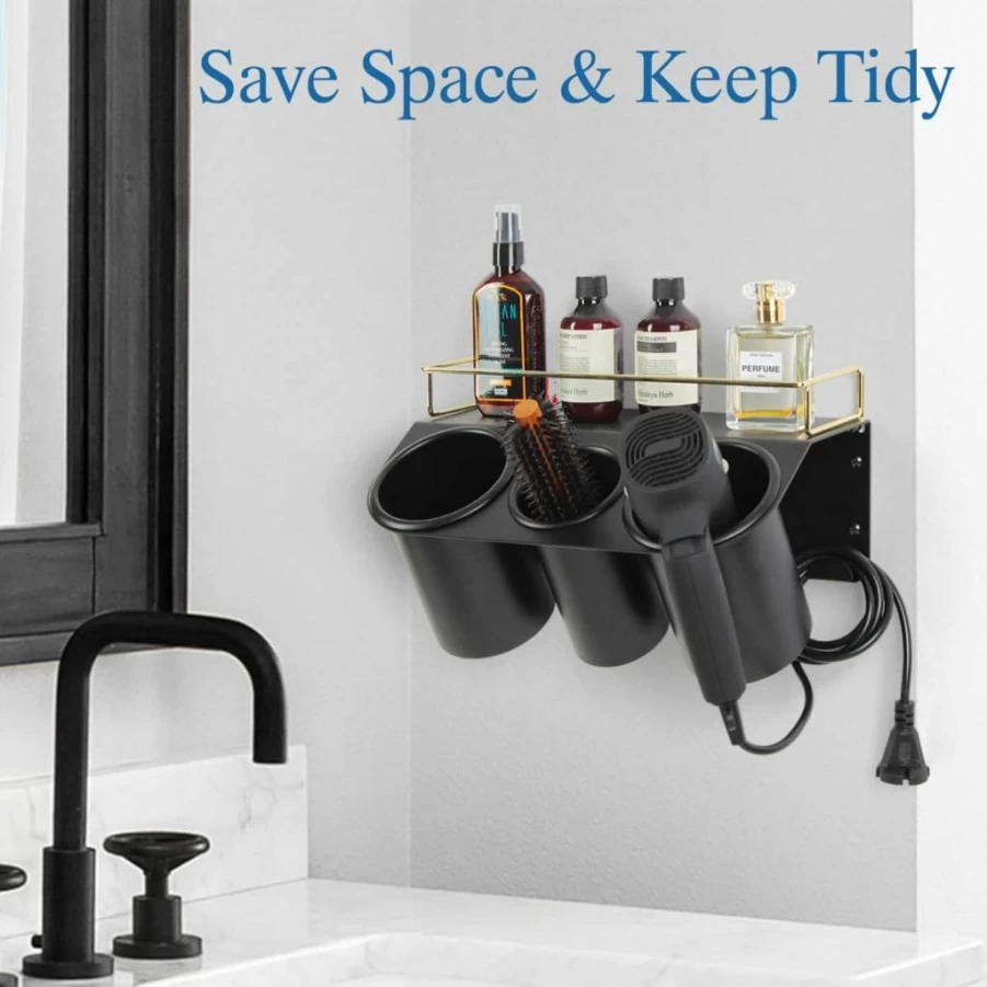 J JACKCUBE DESIGN Wall Mount Hair Dryer Holder with 3 Cup Storage Organizer, Steel Bathroom Vanity Shelf for Hair Styling Tools - MK1002A (Black, Gold)