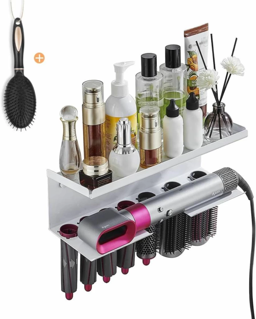 Yimerlen Wall Mount Storage Rack for Dyson Airwrap | Holder for Curling Iron Attachments & Styler | White SUS304 Organizer