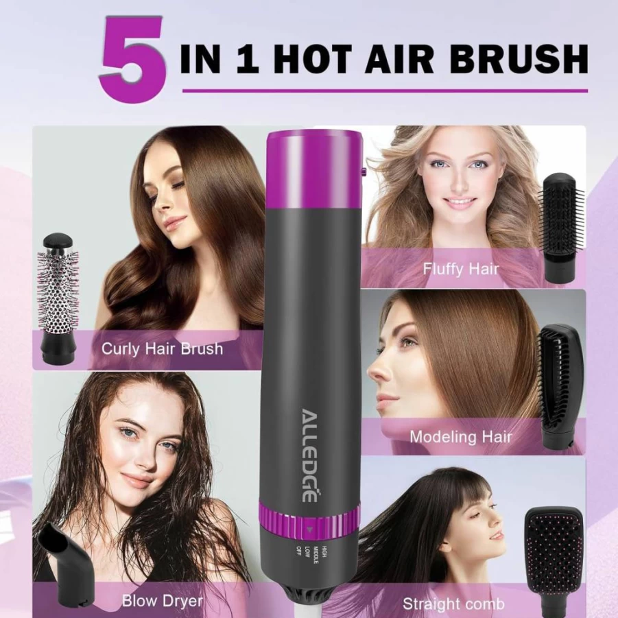 Alledge 5-in-1 Ionic Blow Dryer Brush for Salon-Worthy Blowouts, Straightening, Curling & Styling with Detachable Brush Head & Comb