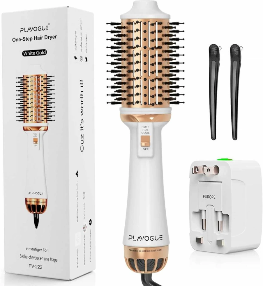 PLAVOGUE Dual Voltage Travel Hair Dryer Brush - 110V-240V Ionic Frizz Control Hot Air Styling Tool with Ceramic Coating for Long/Medium Hair, Oval Volumizer Blow Dryer for Europe & International Use