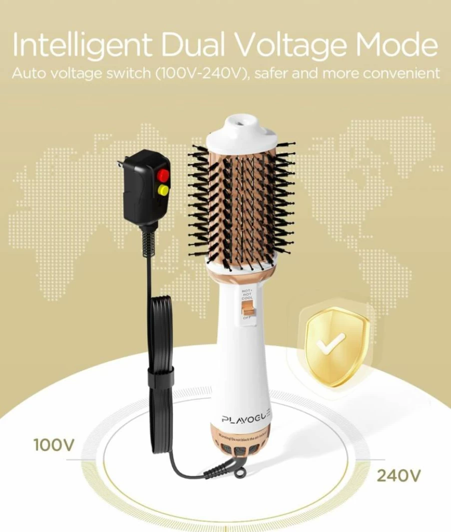 PLAVOGUE Dual Voltage Travel Hair Dryer Brush - 110V-240V Ionic Frizz Control Hot Air Styling Tool with Ceramic Coating for Long/Medium Hair, Oval Volumizer Blow Dryer for Europe & International Use