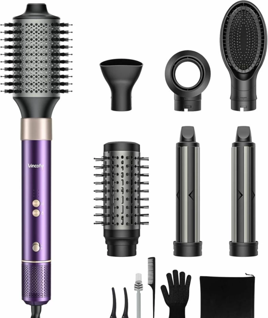 Vincofy 7-in-1 Ionic Blow Dryer Brush: Hair Dryer, Straightener & Curler with 110K RPM for Fast Drying, Voluming & Styling - Purple (All Hair Types)