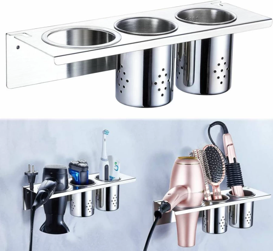 XILIMEN Wall Mount Hair Tool Organizer with 2 Cups - Stainless Steel Hair Dryer & Curling Iron Holder for Bathroom Vanity, Brushes & Flat Irons