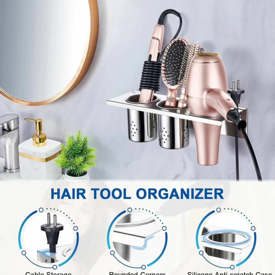 XILIMEN Wall Mount Hair Tool Organizer with 2 Cups - Stainless Steel Hair Dryer & Curling Iron Holder for Bathroom Vanity, Brushes & Flat Irons