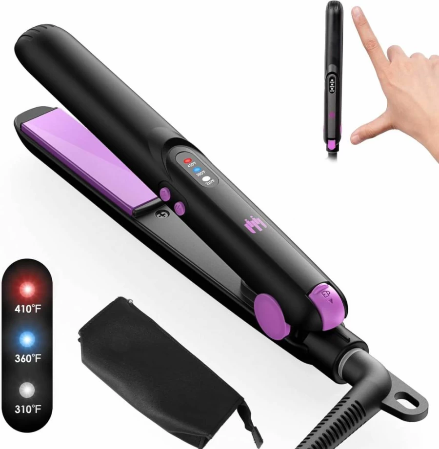 Elilier Mini Ceramic Flat Iron - 0.7 Inch Hair Straightener for Short Hair, Bangs & Curls, Adjustable Temperature, Dual Voltage, Portable with Travel Pouch for Women & Men