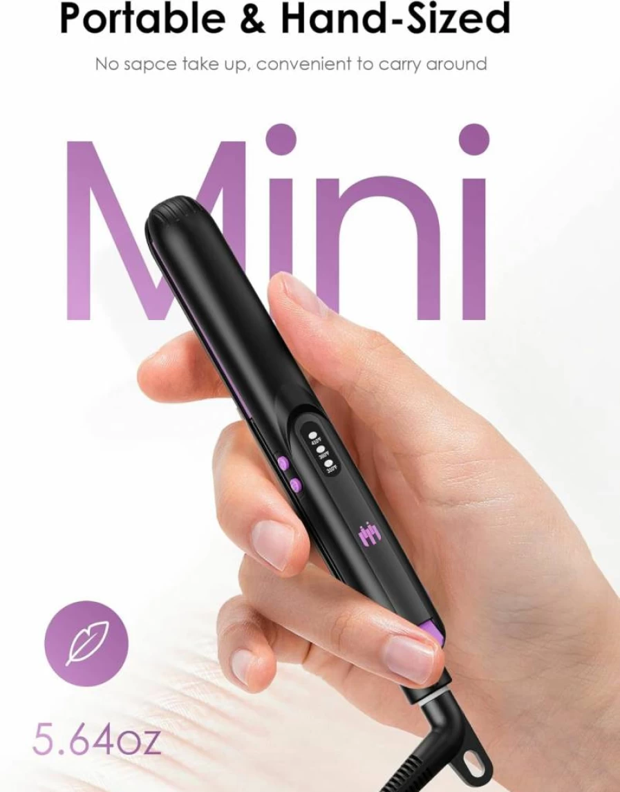 Elilier Mini Ceramic Flat Iron - 0.7 Inch Hair Straightener for Short Hair, Bangs & Curls, Adjustable Temperature, Dual Voltage, Portable with Travel Pouch for Women & Men